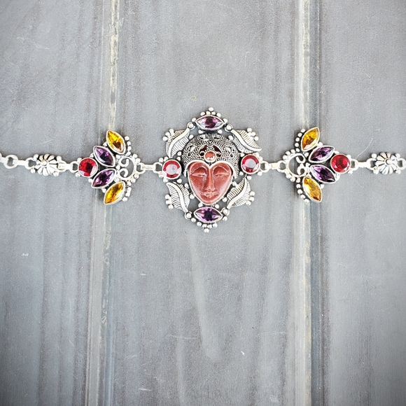 New Carved Goddess Face Multi Gemstone 925 Bracelet. - Picture 7 of 16